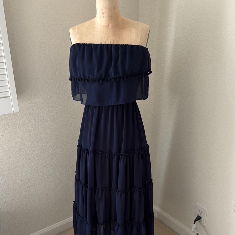 Misa Los Angeles Navy Blue Off-Shoulder maxi dress